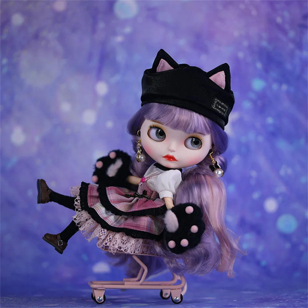 BJD doll clothes fit on Blythe 1/6 Size Pink Cat Plat Shag Skirt Suit Skirt Doll accessories