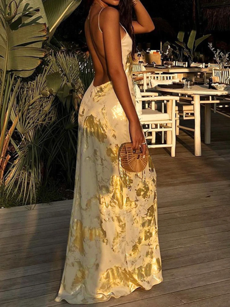 Sexy Spaghetti Strap V Neck Gold Stamping Bodycon Maxi Dress Women Backless Sleeveless Long Dress Evening Club Party Vestidos