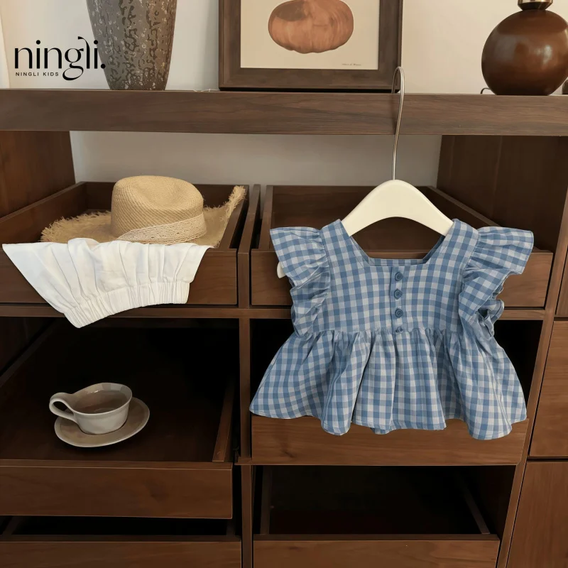 

Sweet Girl！Korean Style Baby Girl Plaid Flutter Sleeve Princess Doll Shirt Shorts Trendy Outfit Set