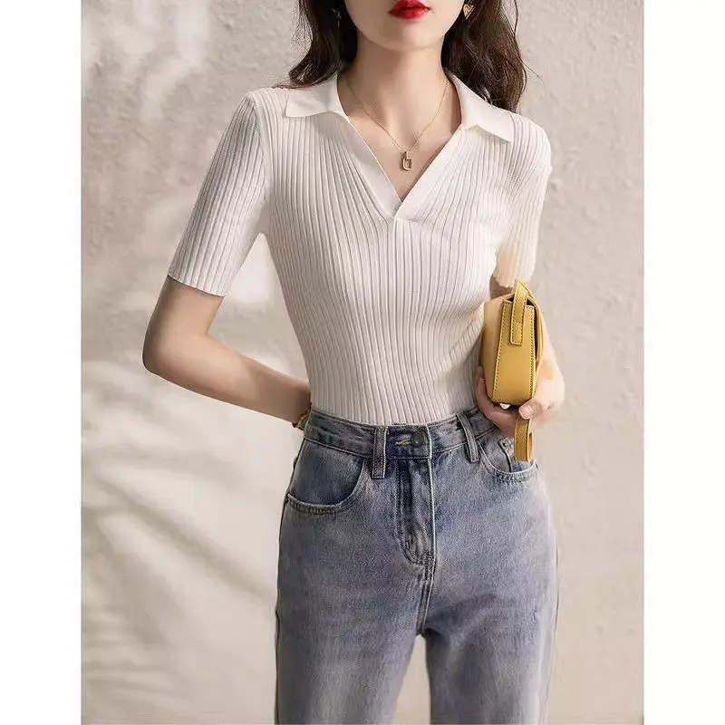 

Women's White Ribbed Knit Top Polo V Neck Elbow Sleeve Slim Fit Elegant Casual Summer Top