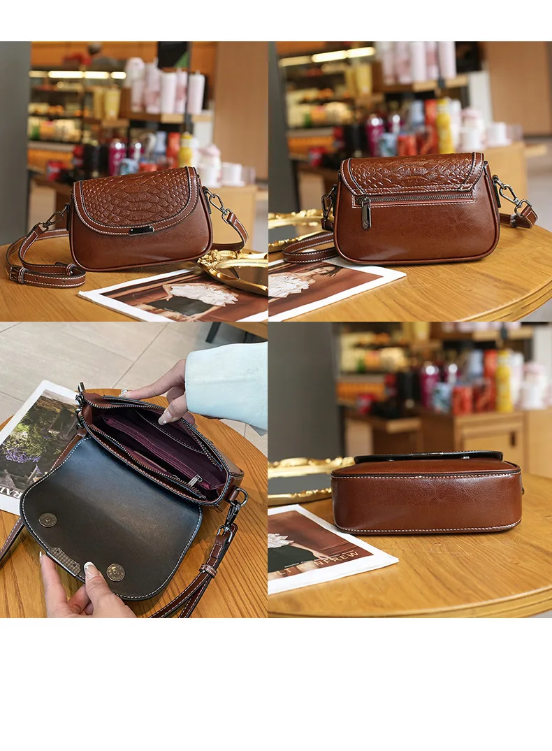 Women's Summer Lightweight Messenger Bag Oil Wax Skin Leather Shoulder Crossbody Bag High Quality Cowhide Casual Women's Handbag