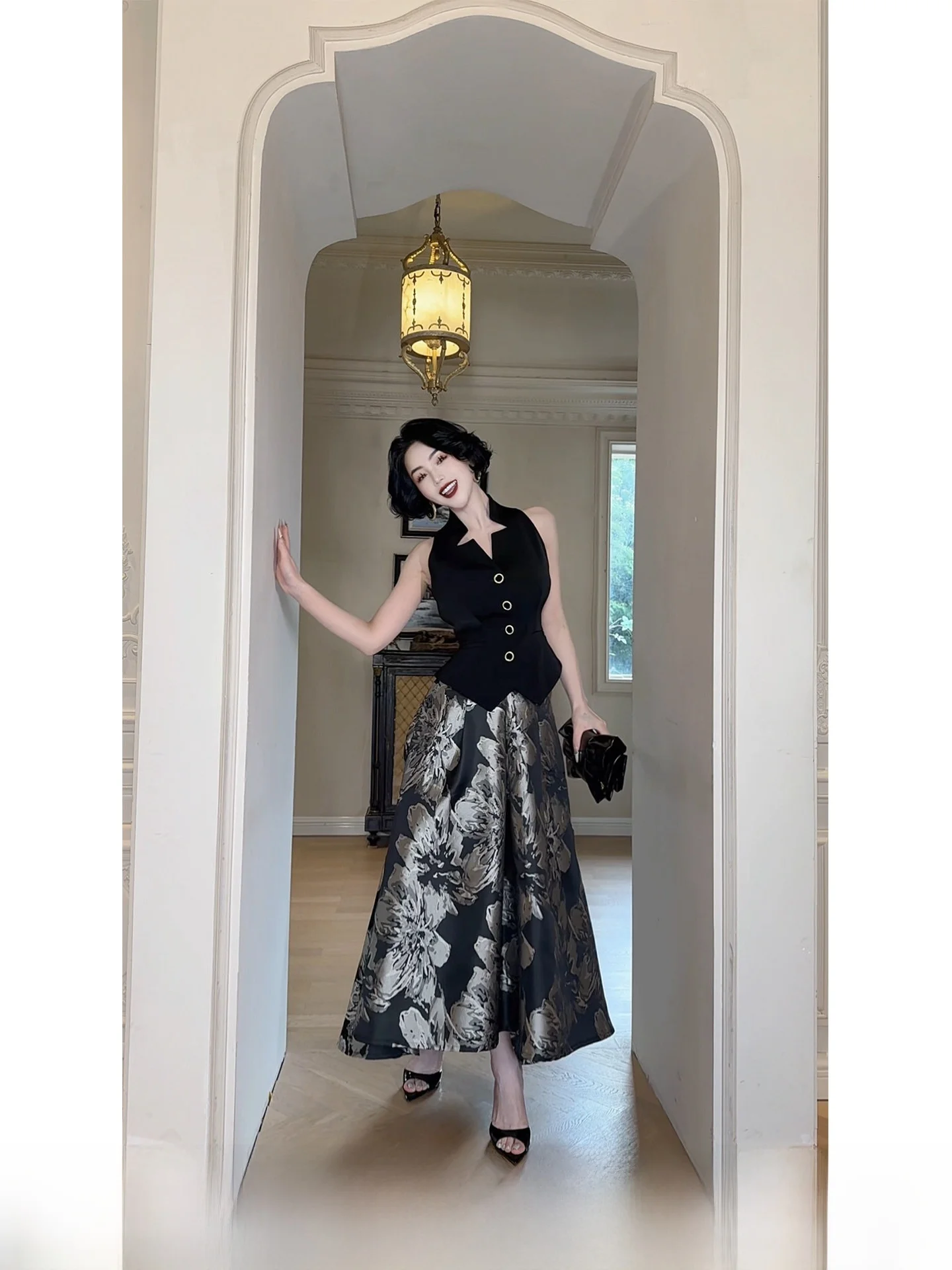 

Юбка-трапеция LYXJ Monet Lotus Pool с завышенной талией, атласная, женская, весна 2026, новый стиль, элегантная юбка-зонтик, для офиса, из полиэфирного волокна