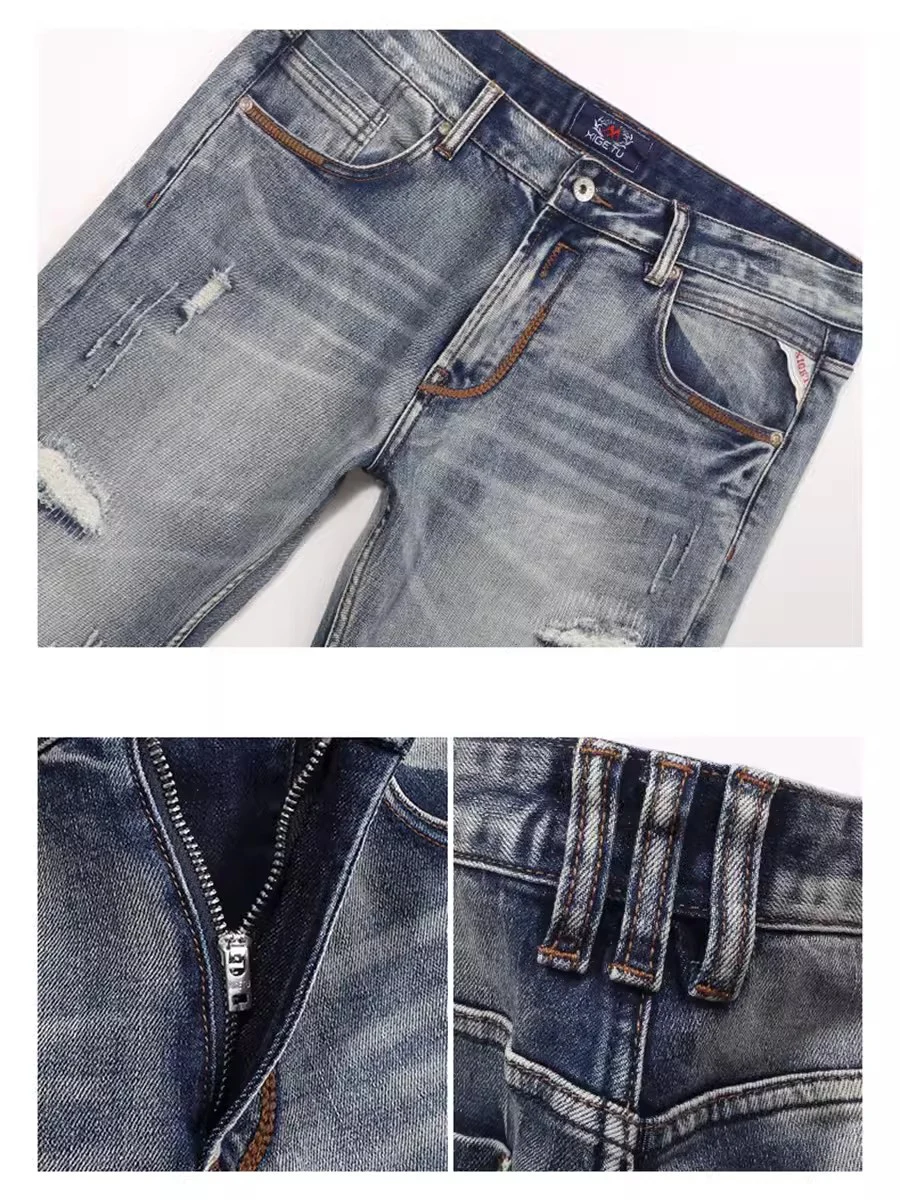 Fashion Designer Men Jeans High Quality Retro Washed Blue Elastic Slim Fit Ripped Jeans Men Vintage Casual Denim Pants Hombre