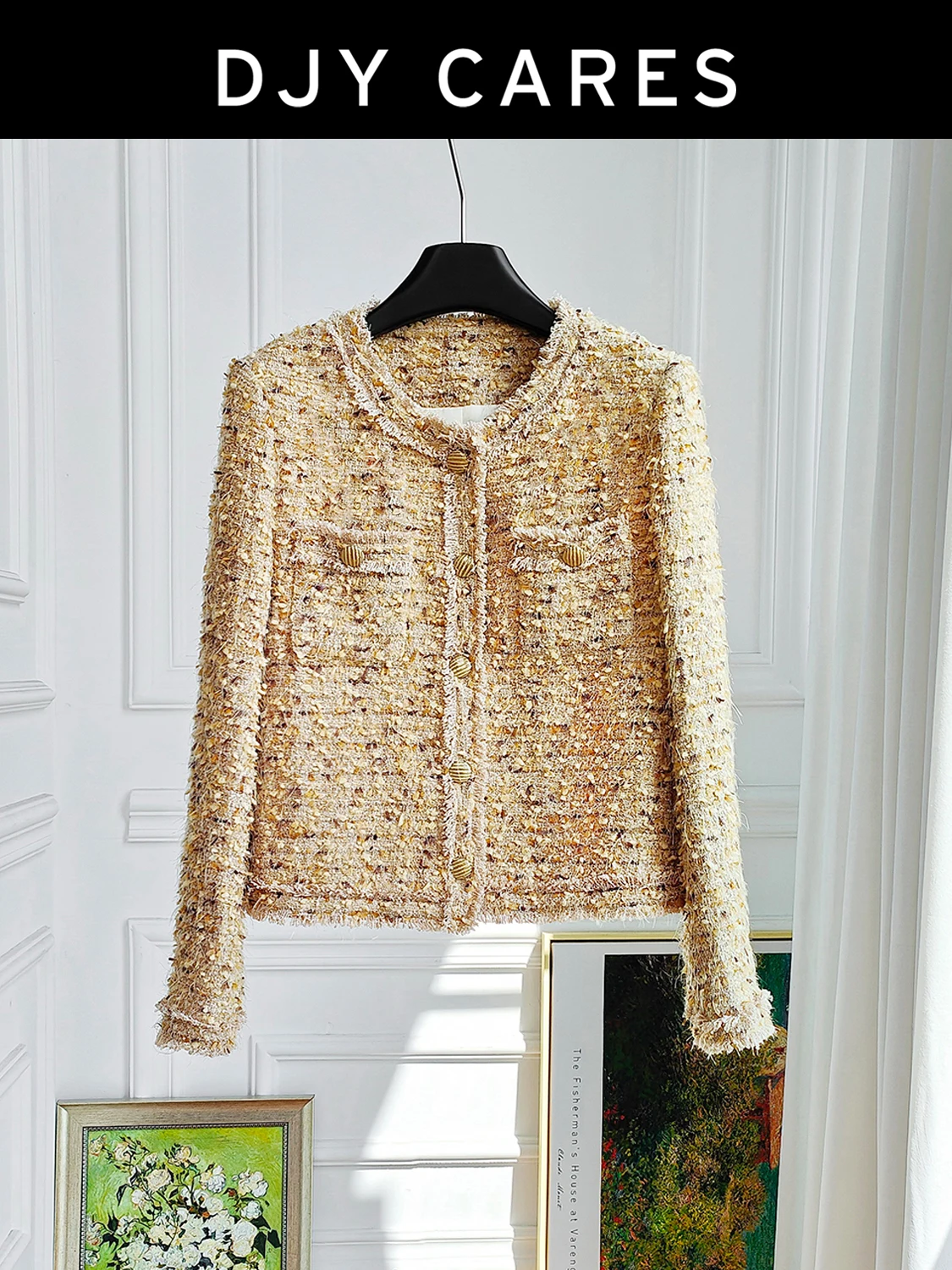 

New Coarse woolen soft yellow coarse woolen round neck jacket big size