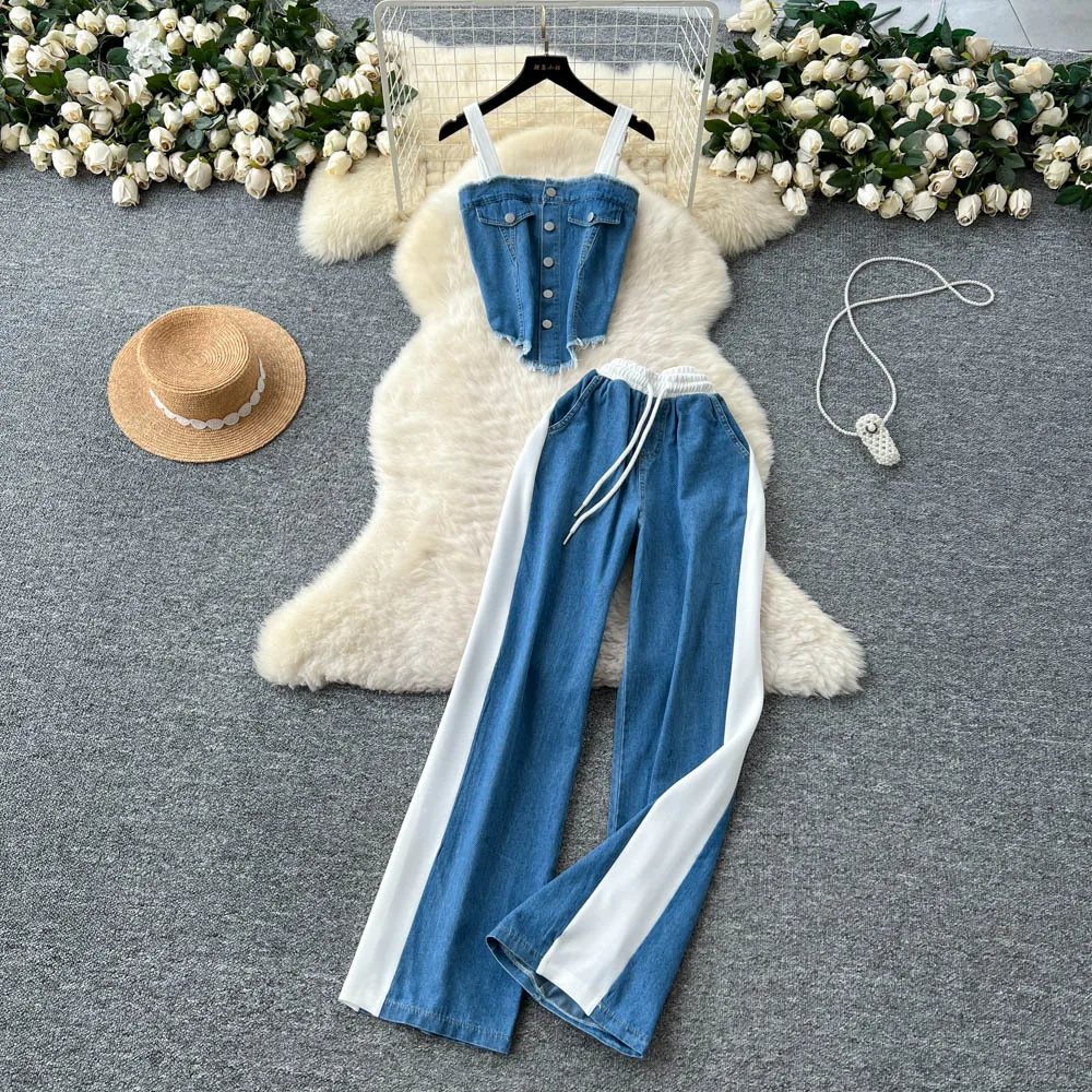 

Denim Pant Set Women Two Piece Sets Sling Sleeveless Strapless Sexy Tops High Waist Wide Leg Long Pants Y2k Streetwear Summer