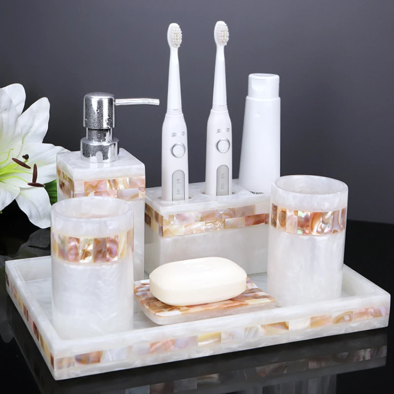 

Resin Bathroom Wash Set Handmade Inlaid Shells Bathroom Accessories Toilet Mouthwash Cup Kit Storage Tray Household Items