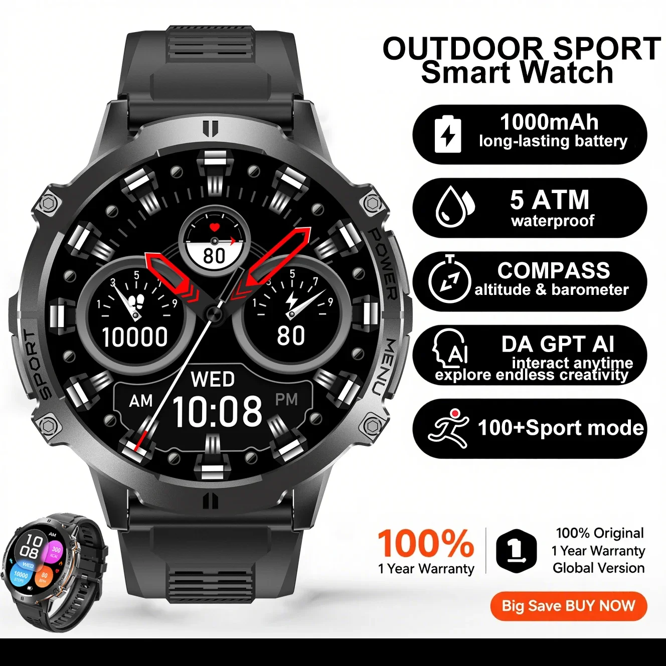 

2025New T-Rex3 Sports smartwatch1000mAh Battery 1.73" AMOLED Screen 10ATM Waterproof Compass Altimeter Military bracelet Men