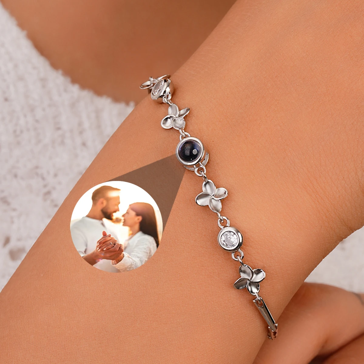 Quatro folhas trevo pulseiras para mulheres, personalizado foto projeção pulseira, pulseiras personalizadas para ela