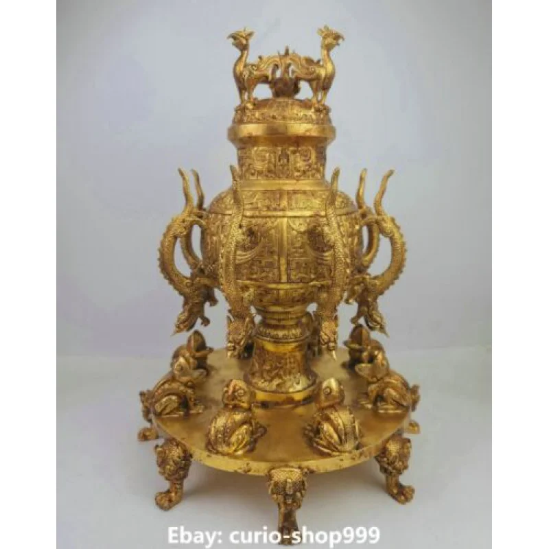 

16.5" Old Dynasty Bronze 24K Gold Dragon Phoenix Frog Seismograph Seismoscope