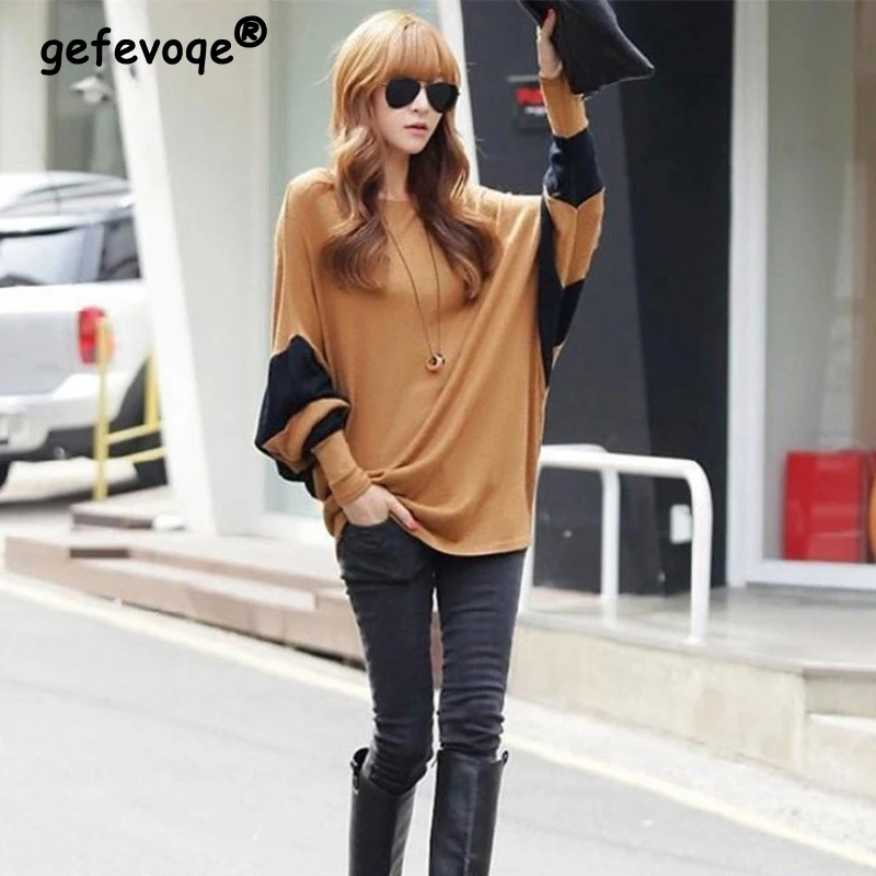 Summer Fashion Women's Vintage Patchwork Batwing Tshirt Oversized Harajuku Casual O-neck Long Sleeve Tops Y2K Female Clothing