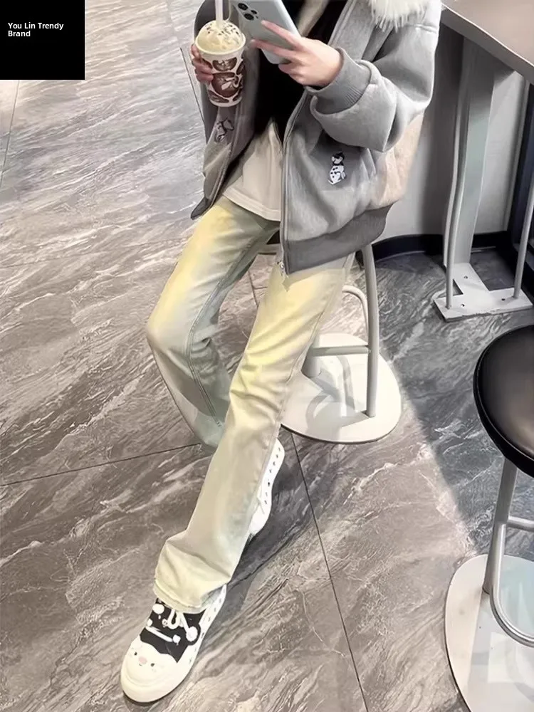 

Retro American Washed Jeans Men's Slim Straight Leggings Autumn Winter CleanFit Low Waist Zipper Closure Youth Trend