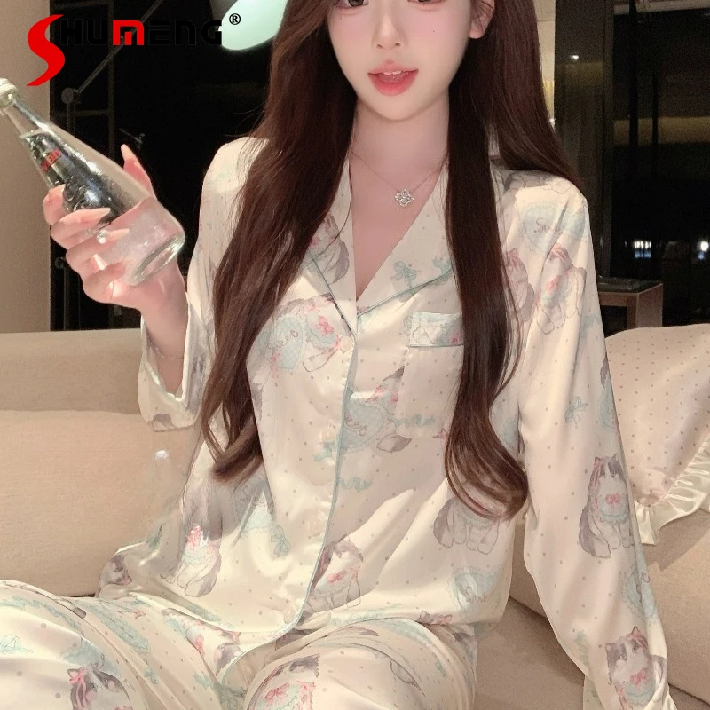

Ice Silk Sweet Pajamas Suits for Women Cartoon Print Long Sleeve Homewear Set Female Spring Autumn New Style Cute Loungewear