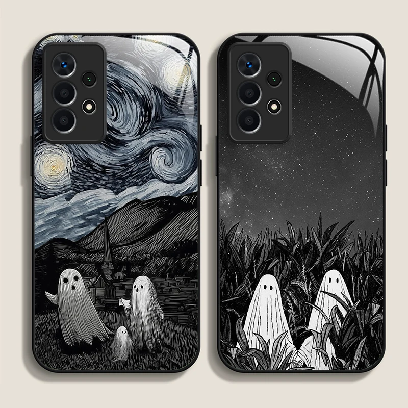 Custodia per telefono in vetro temperato con motivo artistico astratto fantasma divertente per Samsung Galaxy S25 Ultra S24 S23 Plus S22 S21 S20 FE A56 5G Cover