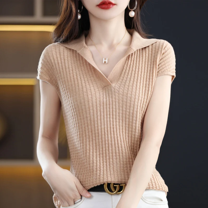 2023 Spring and Autumn Women\'s Cashmere Sweater Women\'s POLO T-shirt Pullover Short Sleeve Cashmere Short Sleeve Knitted Top