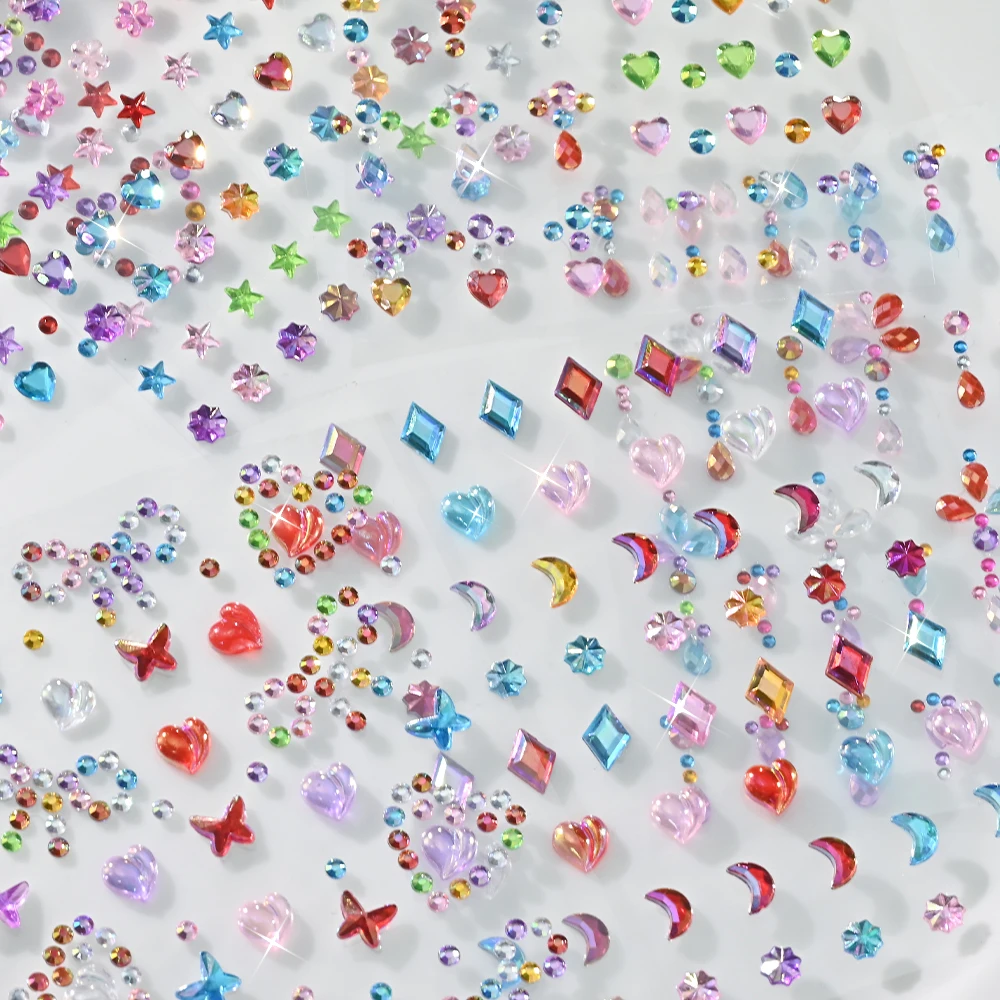 6 Stück/Set 5D gemischte bunte Diamant-Gesichtsstein-Aufkleber, glitzernde Sterne/Herzen/Blumen/Tropfen-Design-Strass für Augen/Gesichtsaufkleber – Detail 5