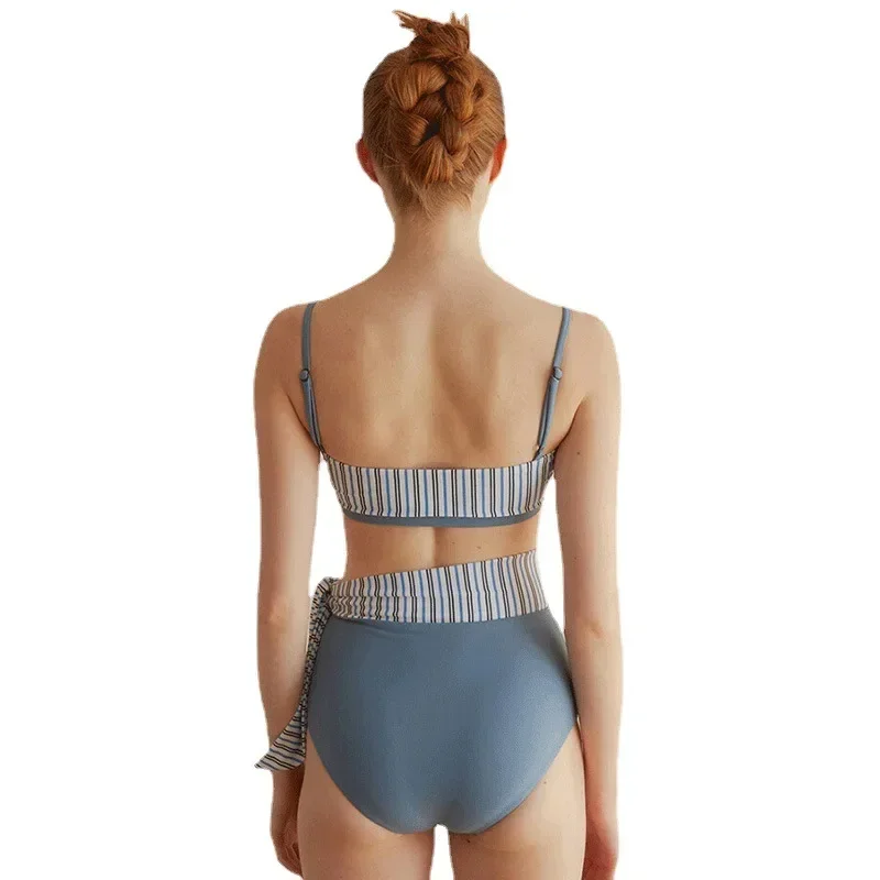 2022 New Split Swimsuit Female Daily Korean Stripe Striped High Waist Thin Retro Swimsuit Bikini Girl Beachwear Bathing Suits