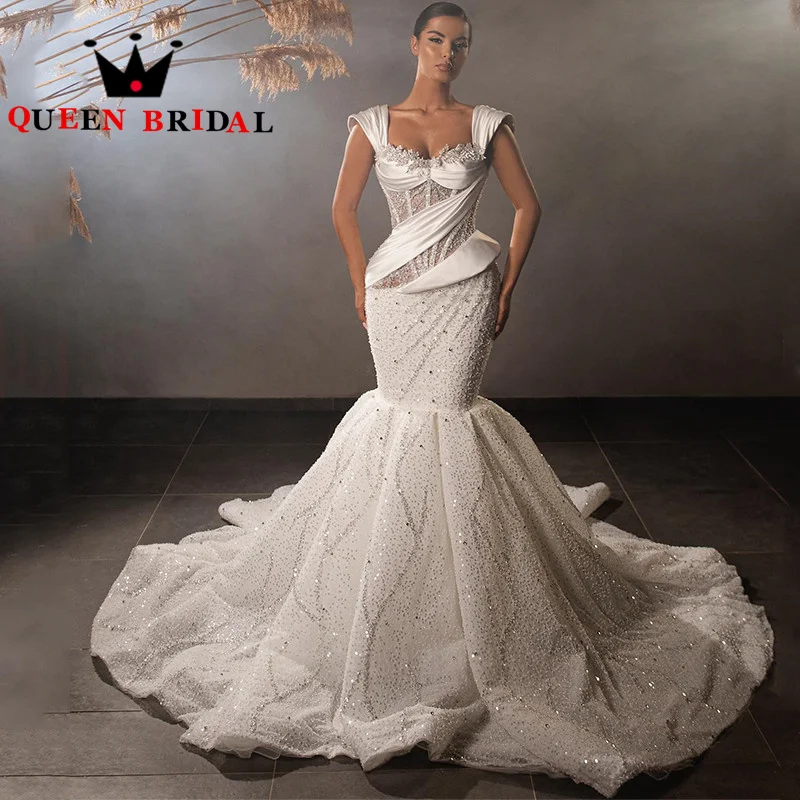 

Luxury Sequined Lace Crystal Wedding Dresses V Neck Cap Sleeve Cut-out Mermaid Bridal Gowns Women Robe De Mariée Custom Y10X