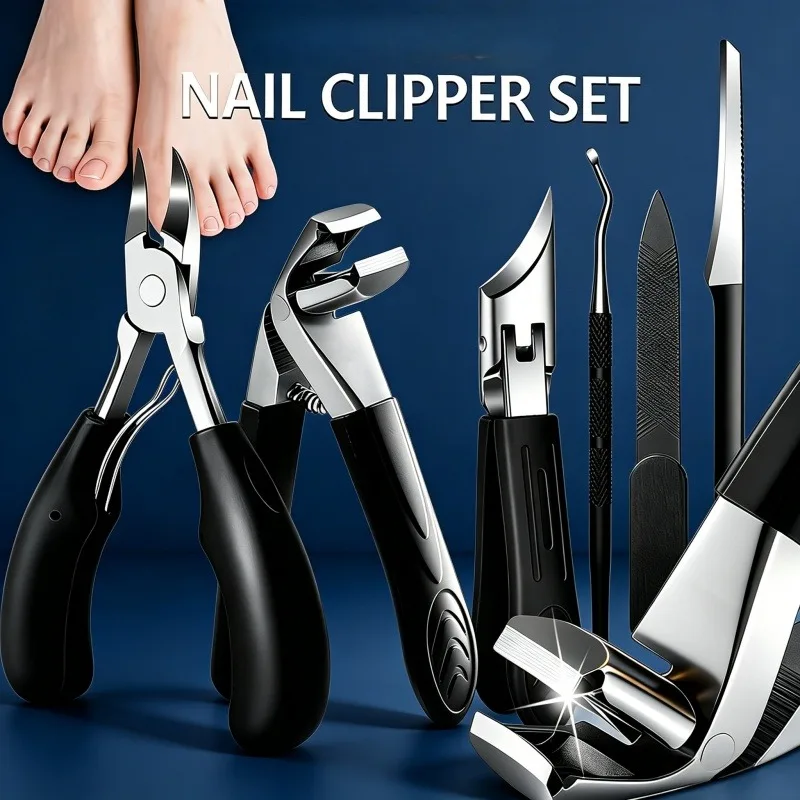 7-teiliges Pediküre-Set aus Edelstahl mit Nagelknipsern, Nagelfeilen und Nagelhautschiebern für dicke, harte Zehennägel – Fußpflege