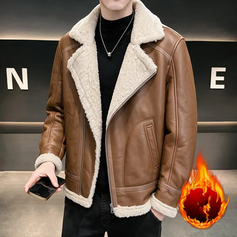 Men's Winter Faux Fur Lined Leather Jacket Stylish American Biker Fashion Casual Lapel Coat Warm Comfortable Outerwear