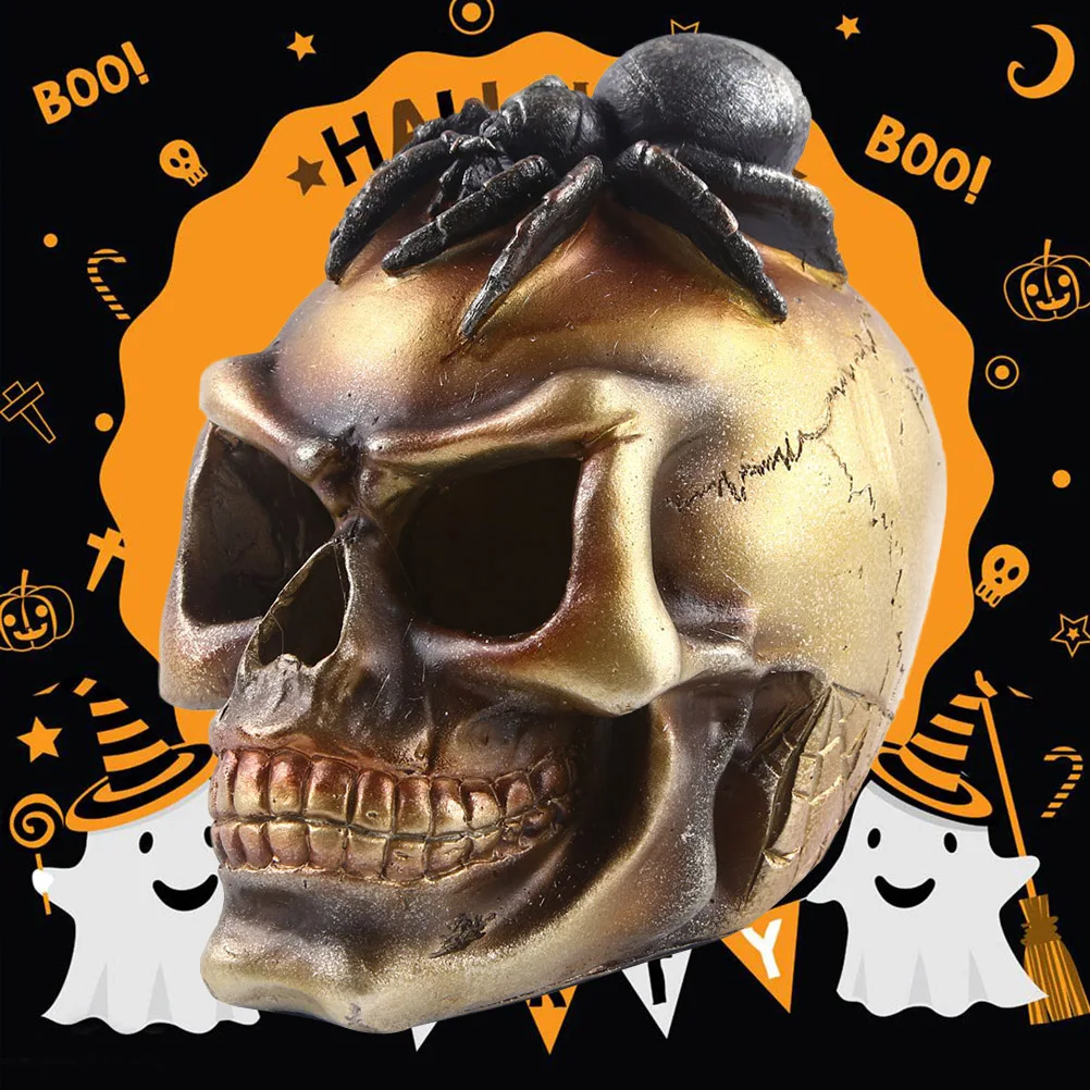 

Golden Resin Skull Head Ornament With Spider Decor Tabletop Sculpture Home Office Decoration Horror Holiday Party Gift