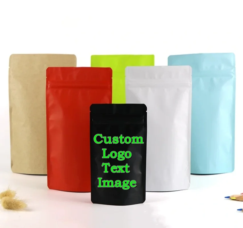 100PCS Stand-up Matte Aluminum Foil Ziplock Bag DIY Custom Logo Matcha Coffee Tea Candy Snack Dates Beaf Spice Storage Pouches