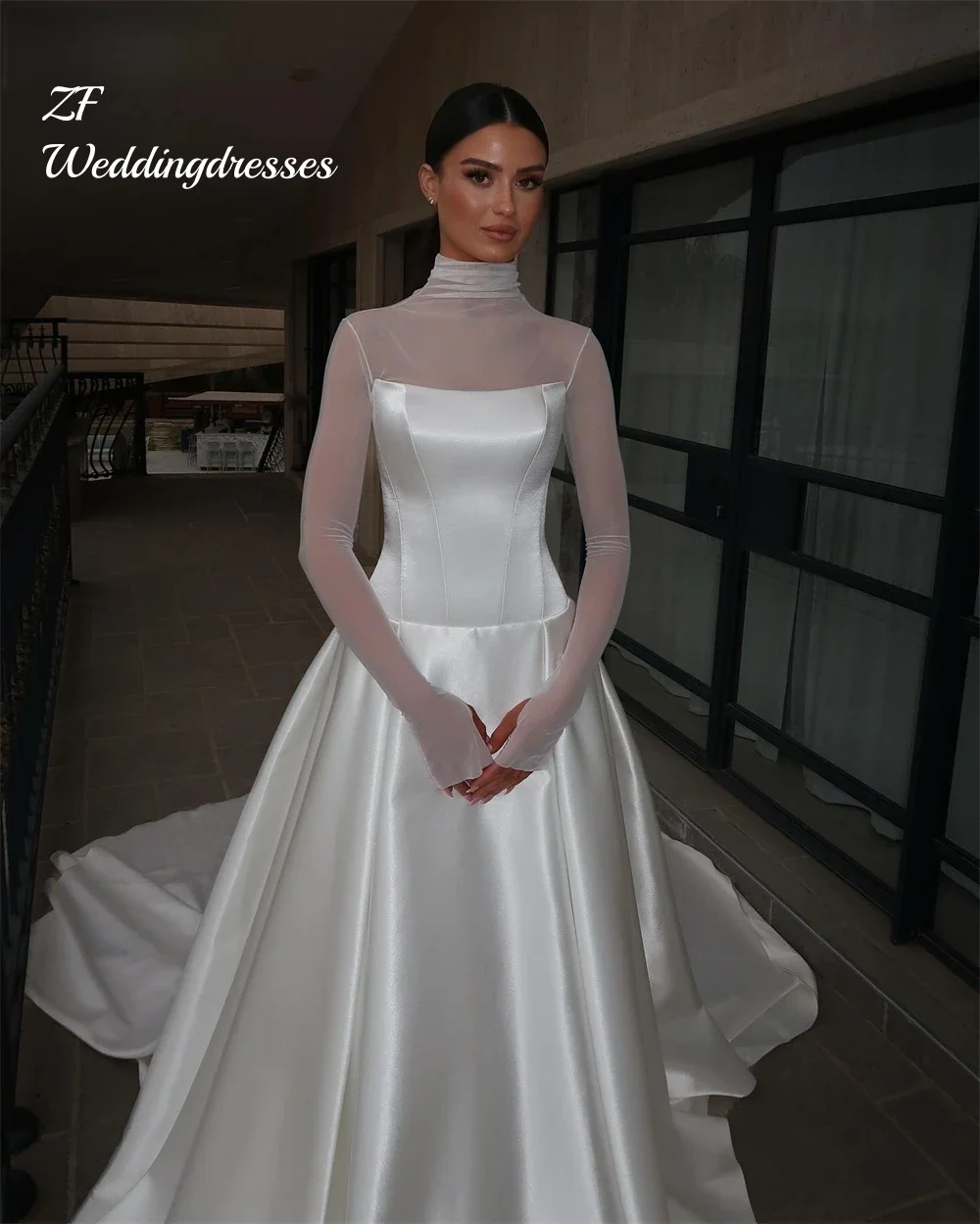 Customized Elegant Satin Wedding Dresses A-Line High Neck Long Sleeves Pleated Bride Prom Gown Modest Bridal Gowns