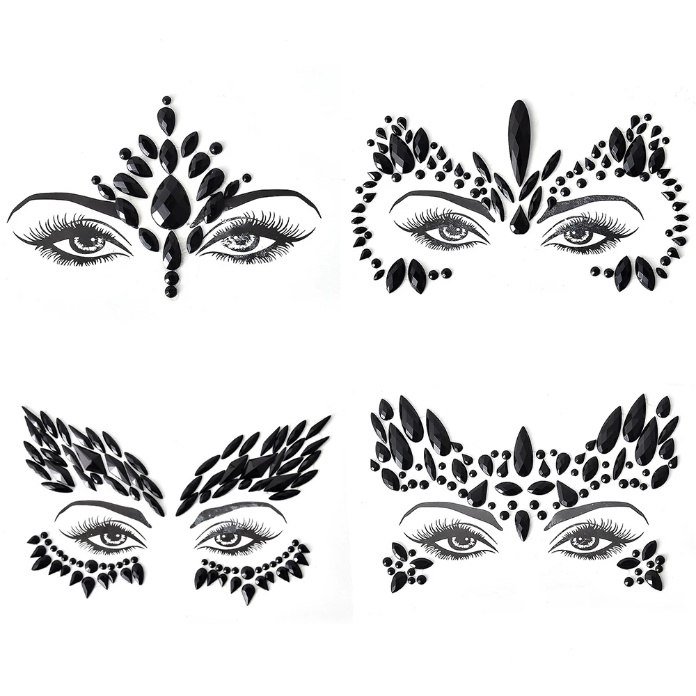 Halloween 3D Black Crystal Stickers Carnival Decorations Fashion Shiny Colored Acrylic Face Stickers Temporary Tattoo Stickers