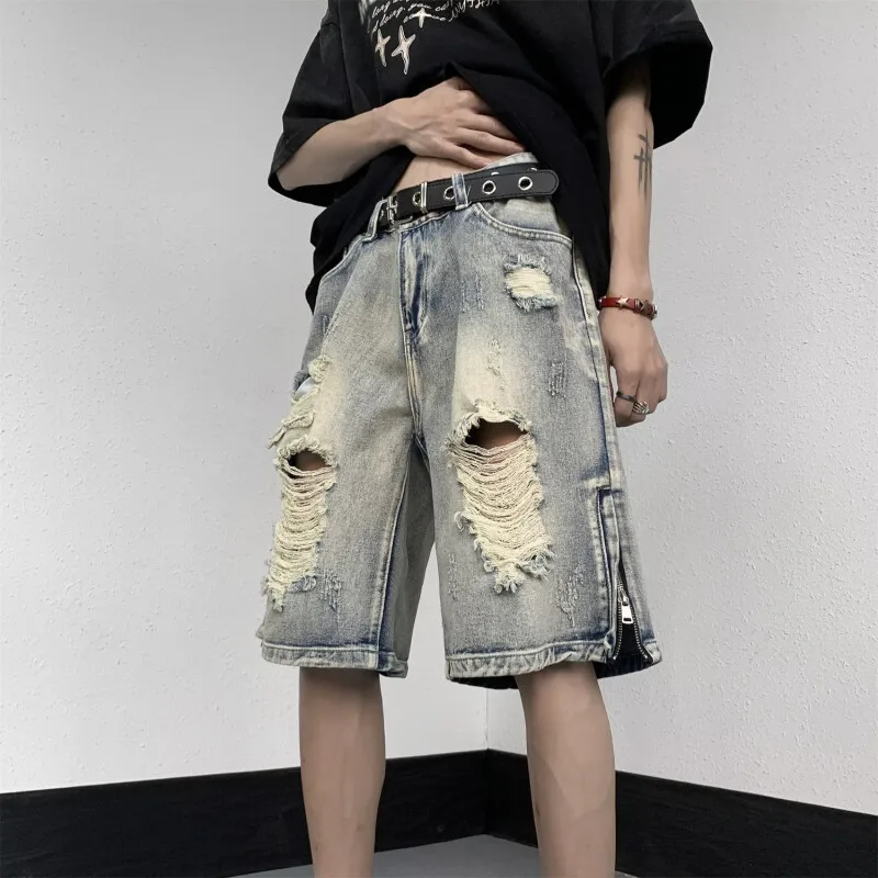 

Summer ripped denim shorts men's cropped pants trendy brand fat plus fat plus plus plus size loose beggar mid pants horse pants