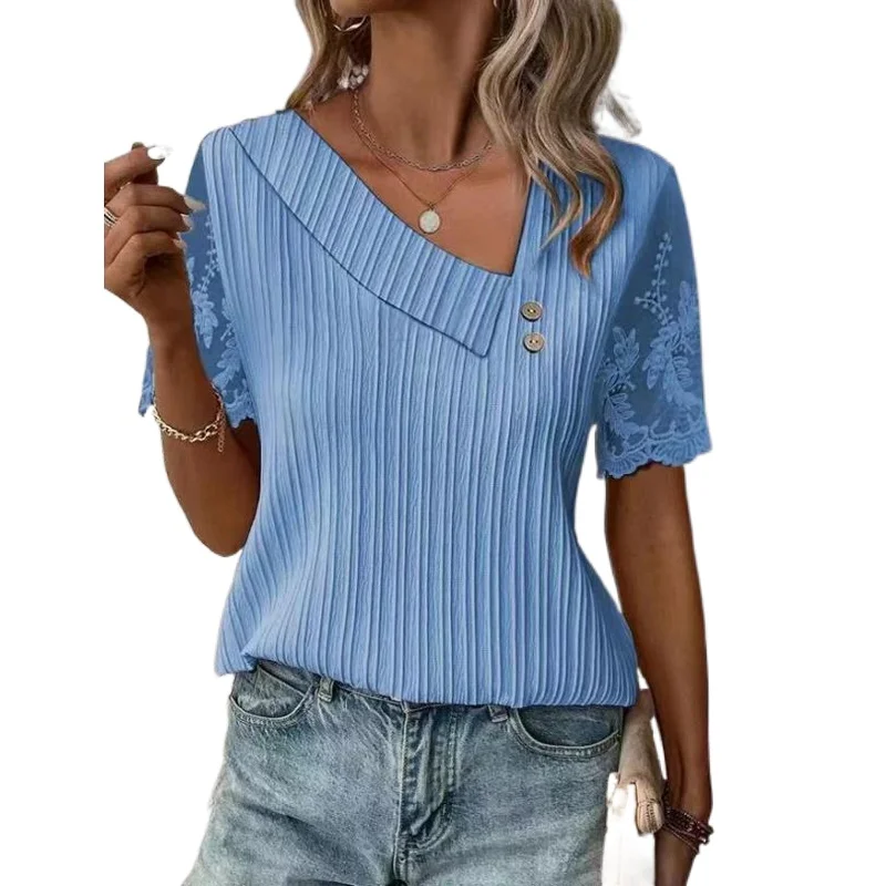 Women\'s Casual Skew Collar Lace Short Sleeve T-shirt, Simple Buttons Loose Shirts, Elegant Blouses, Summer