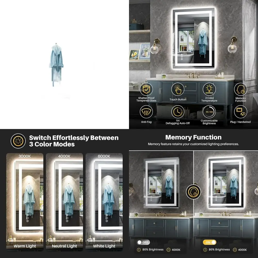 

LED Illuminated 24x30 Inch Bathroom Mirror with Backlighting, Anti-Fog, Memory Function, Dimmable, HD Tempered Glass