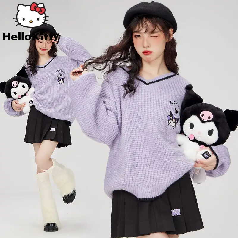 Sanrio Kuromi-suéter de punto bordado Mardi para mujer, suéter de cuello azul marino, ropa de mujer, Universidad suelta, lindo y dulce