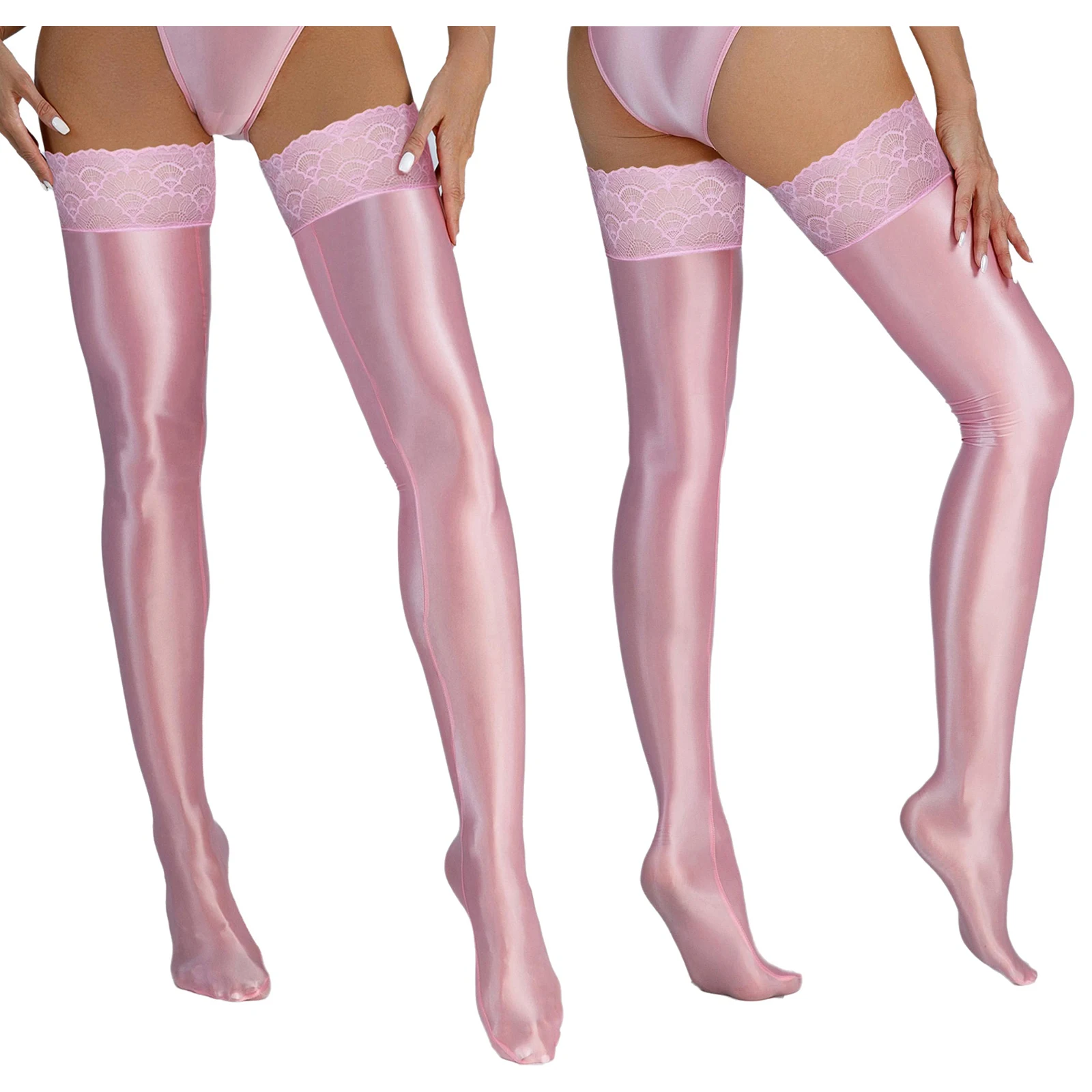 

1Pc Women Oil Shiny Thigh High Stocking Lace Top Hold Up Party Socks Sexy Glossy Metallic Shimmery Stockings Party Club Cosplay
