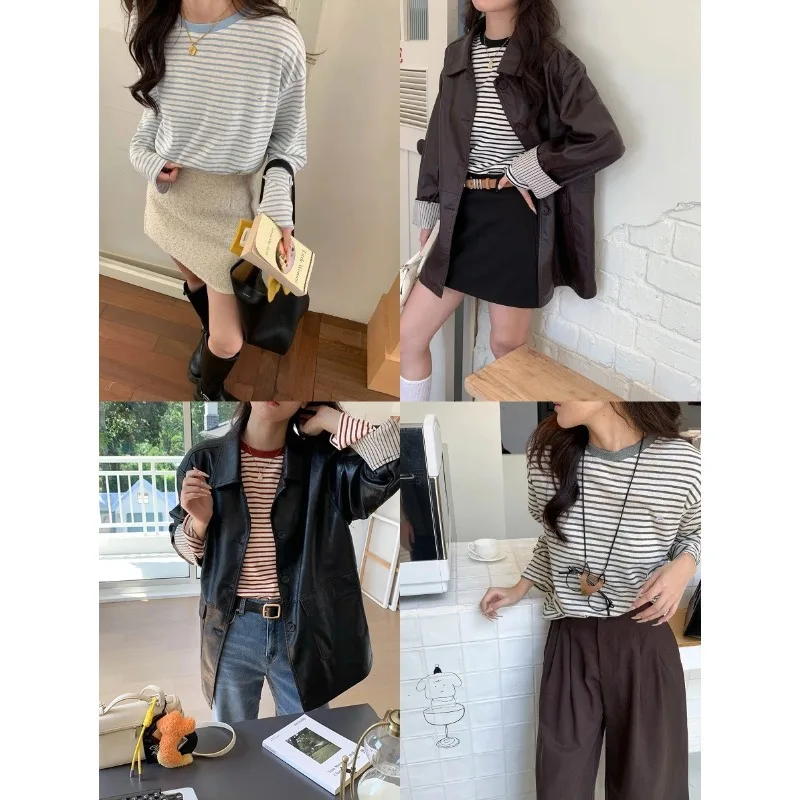 

Корейская свободная футболка с длинными рукавами и круглым вырезом в контрастную полоску Lazy Atmosphere