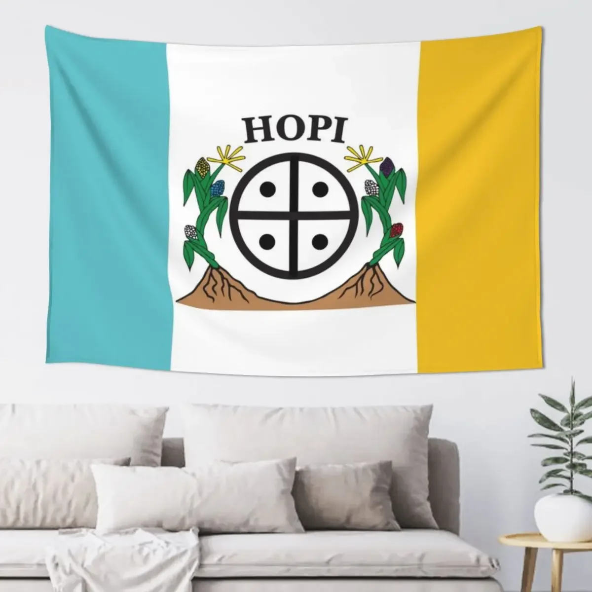 Hopi Nation Flag Naatoyla tricolour white yellow turquoise with corn and Hopi Symbol HD High Quality Tapestry