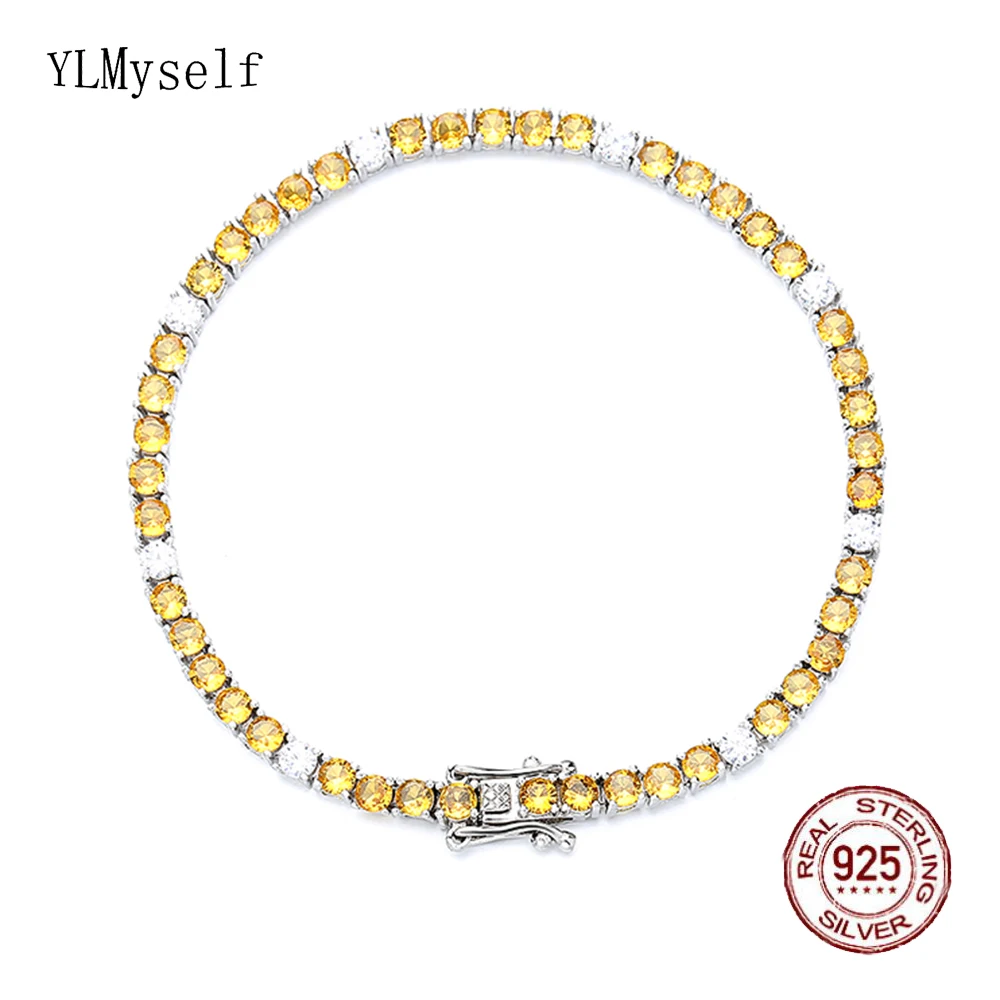 16-19cm Solid Real 925 Silver Tennis Bracelet Pave 3 mm Yellow Golden Semi Precious Cubic Zircon Mix Clear Stones Fine Jewelry