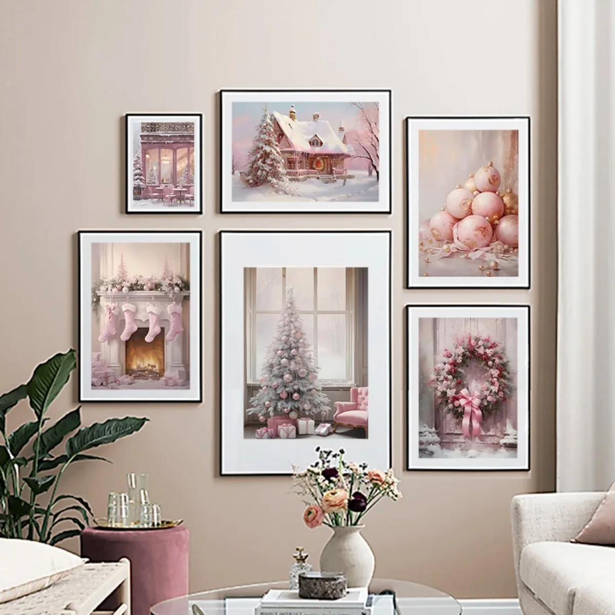 Pink Christmas Tree Pink Snow House Crystal Ball Balloon Skating Fashion Wall Art Canvas Painting Nordic Poster  Room Decor