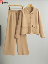 Women Casual New Knitted 2 Piece Sets Korean Knit Single Breasted Sweater Pullover Tops Outfit High Waist Sweatpants Conjunto