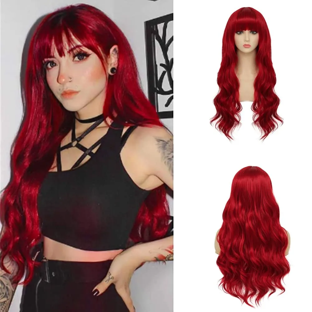 

Red Wigs with Bangs for Women Long Curly Wavy Synthetic Women wig Cosplay Dai...