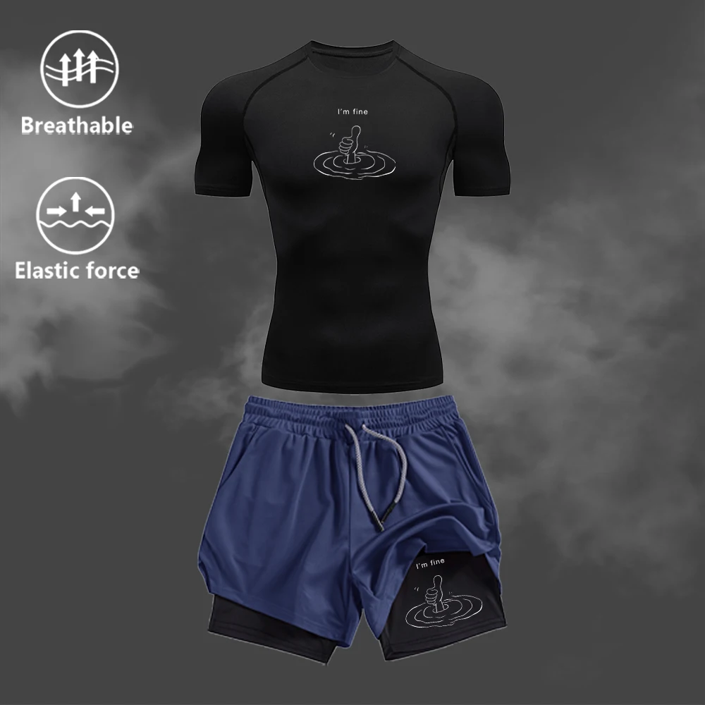 

Summer Printed Sportswear Set Quick Drying Breathable Fitted Short Sleeved 2 In1 Casual Shorts With Inner Cell Phone Pocket