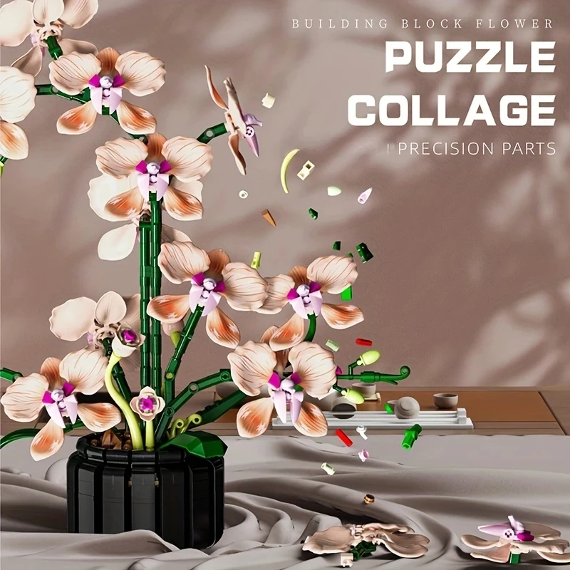 Set de Bloques de Construcción de Orquídea en Maceta, Modelo de Planta Artificial, Decoración Elegante para Escritorio, Oficina, Sala de Estar, Dormitorio, Fiesta de Bodas, Regalo Romántico de San Valentín o Aniversario para Mujeres y Enamorados