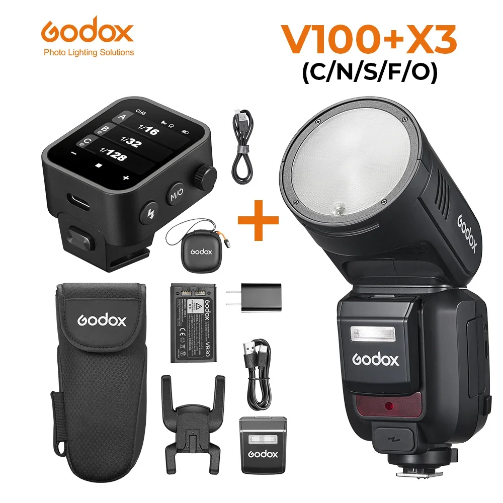 

NEW Godox V100 N/C/S/F/O TTL Round Head Camera Flash 100Ws X3 trigger V100C V100S V100N Speedlight for Nikon Canon Sony Fujifilm