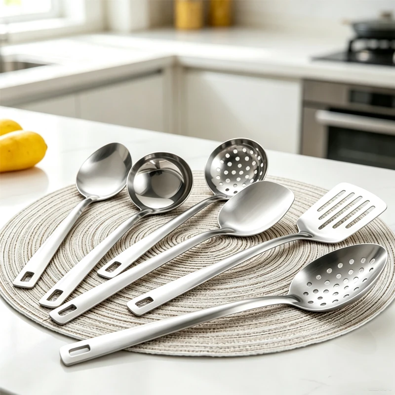 8pcs square handle stainless steel serving utensils, public serving spoons and barbecue clips, used in self-service kitchens.