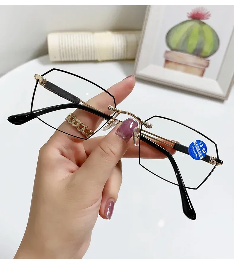 Randlose Lesebrille für Damen, Anti-Blaulicht-Schnittkante, mittleres Alter und ältere Menschen, modische Brillen für Herren – Detail 11