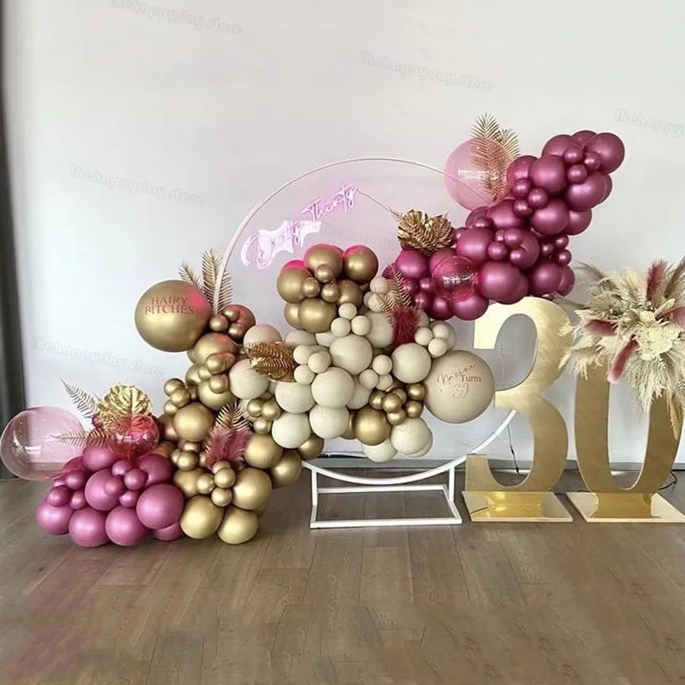 147Pcs Metal Magenta Balloons Garland Arch Kit Gold Plam Leaves Red Gold Sand White Balloons for Birthday Wedding Party Backdrop