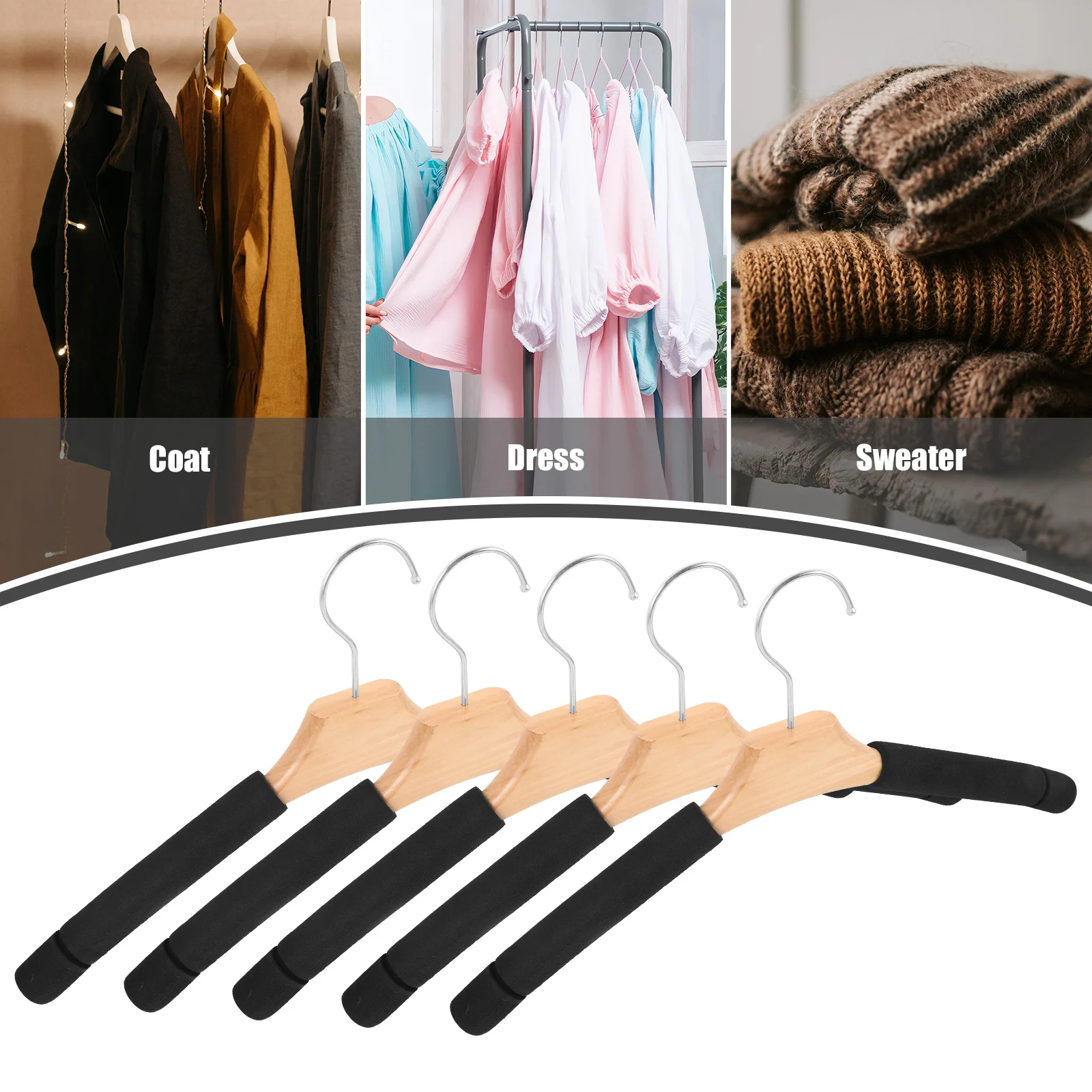 

5pcs Solid Wood Hanger Padded Clothes Nonslip Foldable Home Hangers for Sweaters Coat Dress Black Round Hook Wardrobe Storage