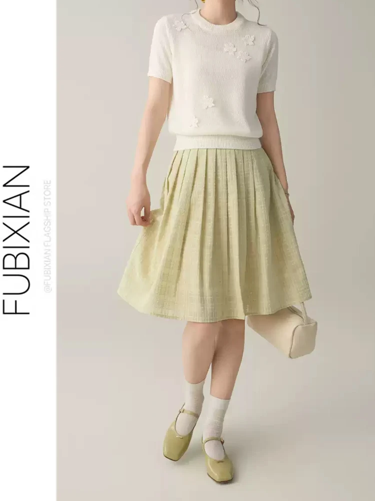 Yellow Green Plaid Texture Half Skirt Pleated mid Short Cover Hip Slimming Commute A-Line Skirt Korean Style High Waist Polye...