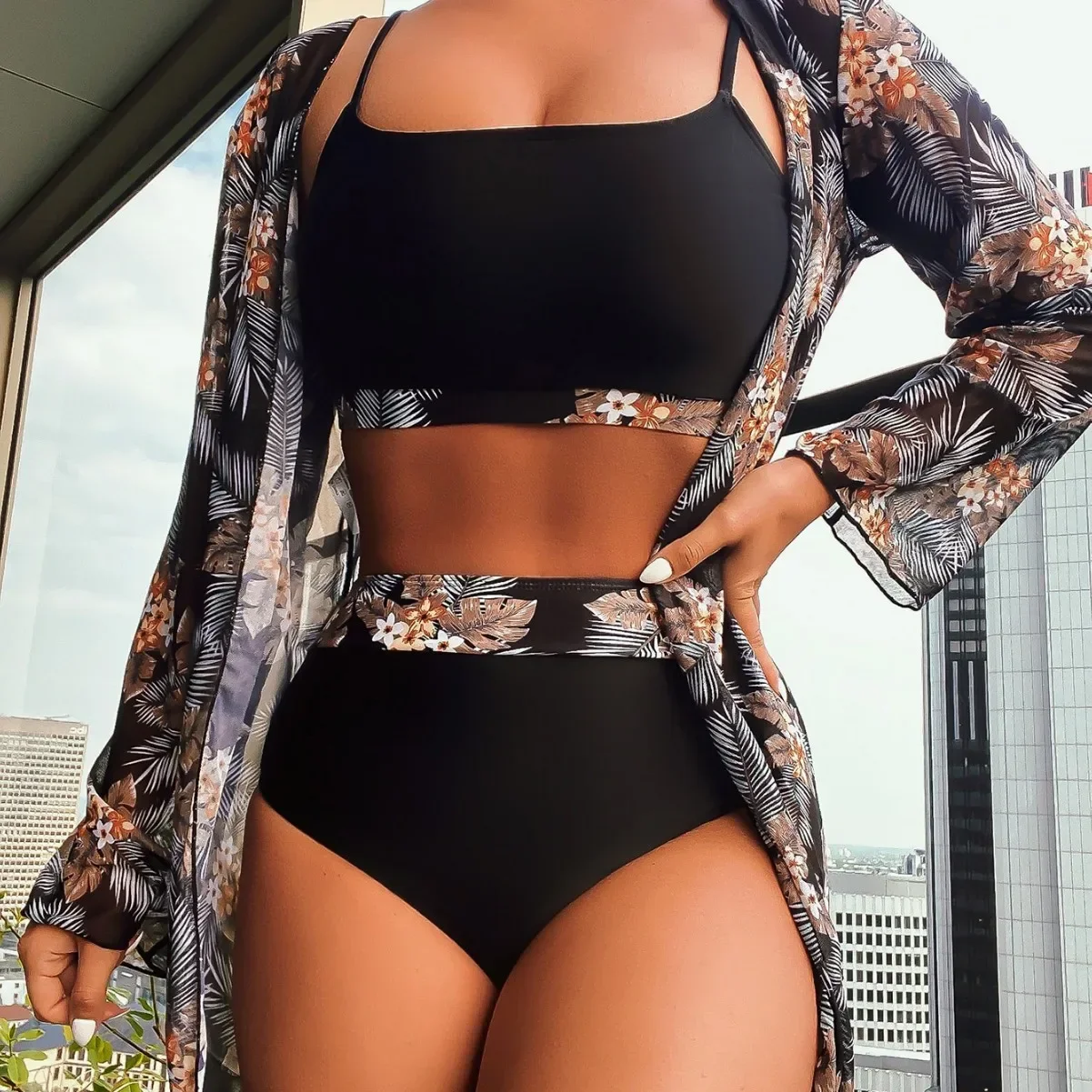 Leaf Print Bikini Set Long Sleeve Women's Three-piece Suit Swimwear Russian Style Cross-Border New Arrival Female Swimsuit