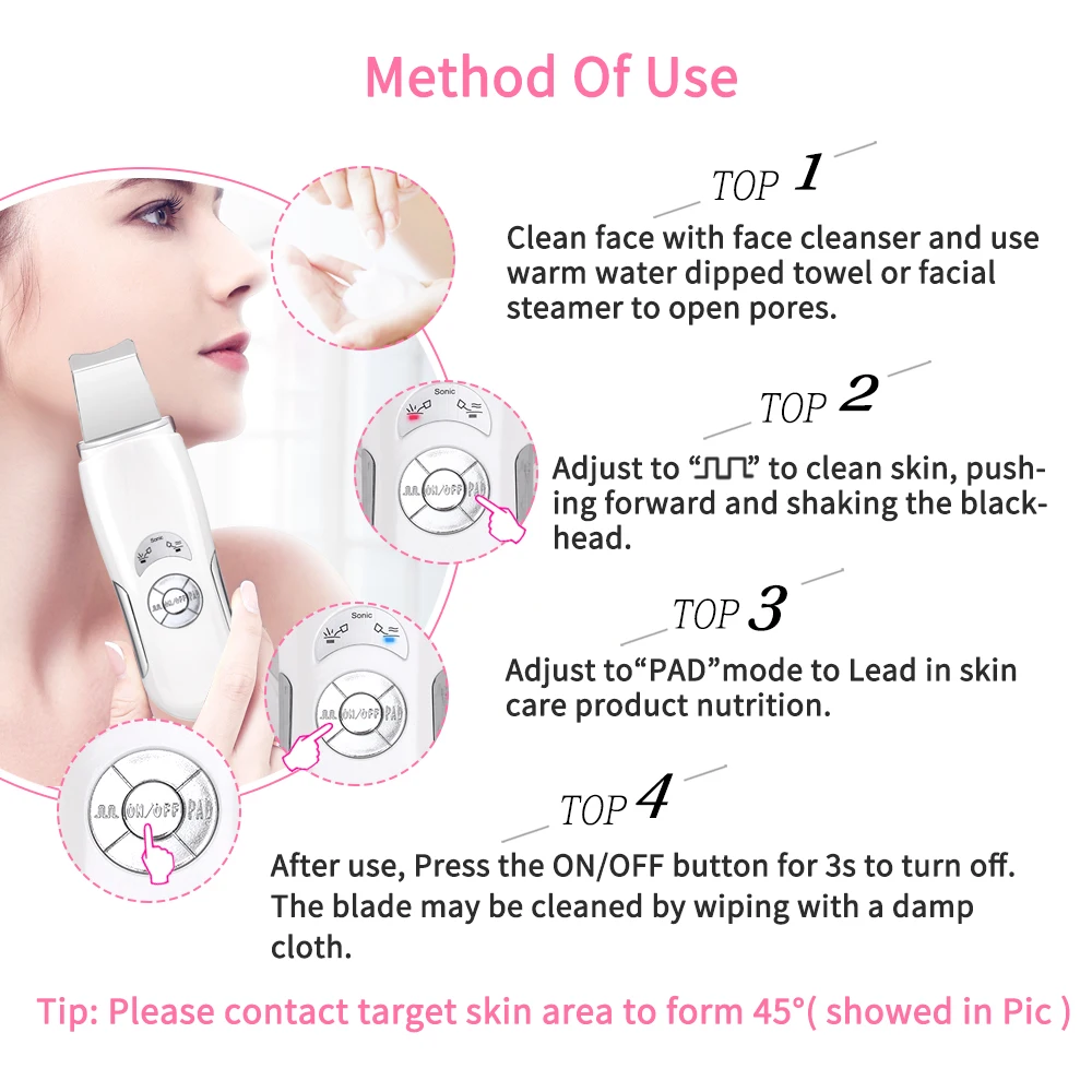 Ultrasonic Skin Scrubber Face Cleaner Deep Face Cleaning Pore Peeling Blackhead Removal Home Use Facial Beauty Machine