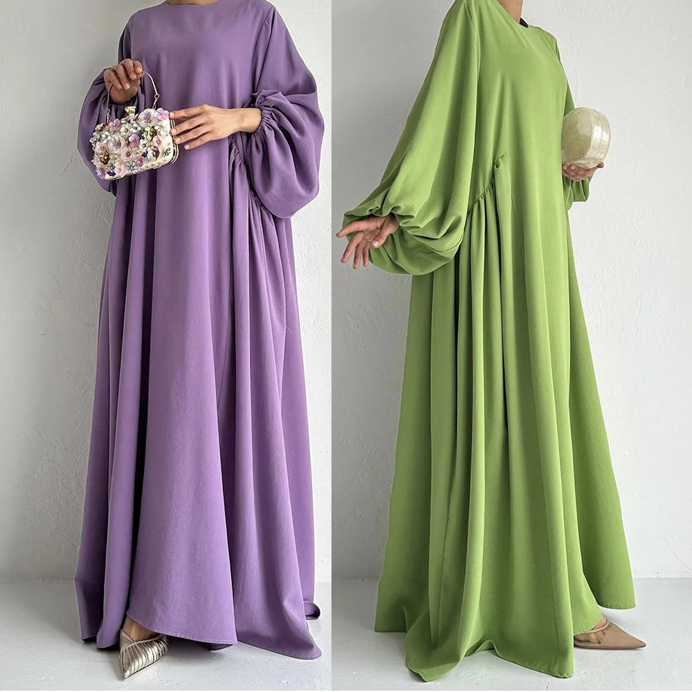 Punho elástico Flowy Dre para mulheres, manga de balão, suave Nida Abaya, costas plissadas, roupas islâmicas soltas, oração do Ramadã, muçulmano