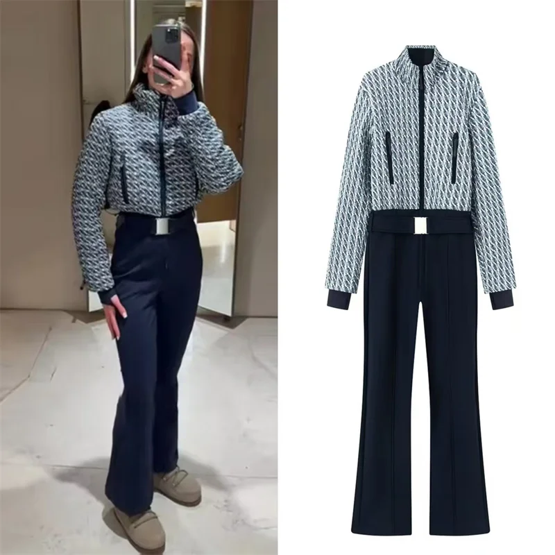 

Women's Jumpsuit 2026 Spring New Style – Patchwork Long-Sleeve Belted Warm Ski Cotton Jumpsuit Trendy and Fashionable